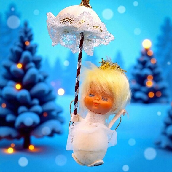 Pixie Angel Ornament Tulle Wings Parasol Lace Trim 1960s Japan Sleepy Eyes - Picture 1 of 9